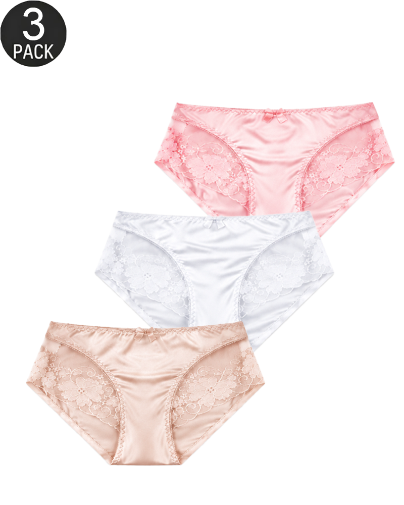 3-Pack Mixed-Color Satin-Look Briefs with Floral Lace Panels