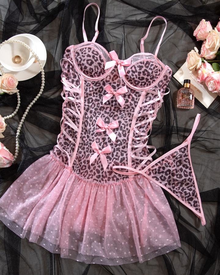 Sexy Leopard Print Lace-Up Bustier Lingerie Dress with Thong