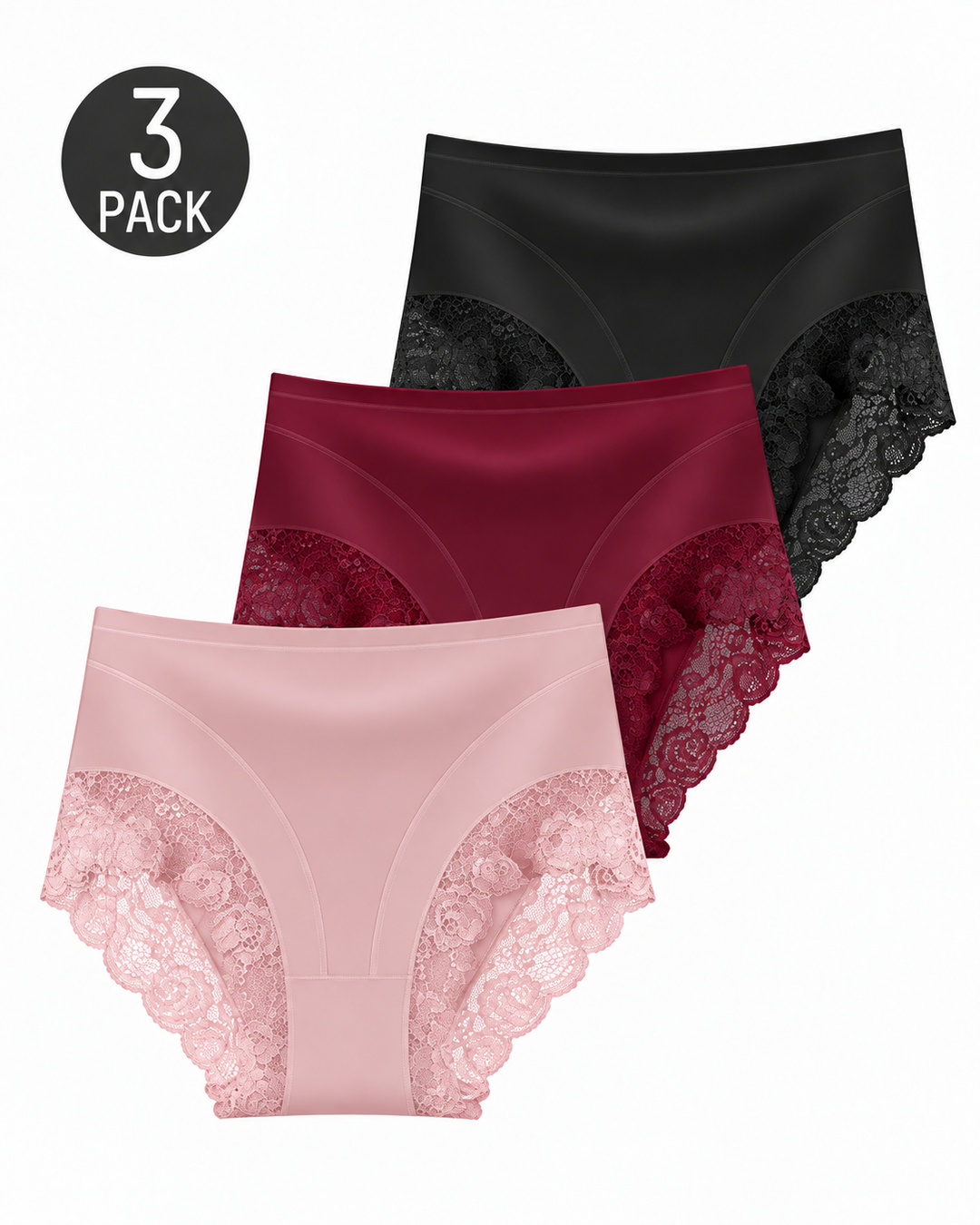 3-Pack High Waist Floral Lace Trim Full Coverage Panties