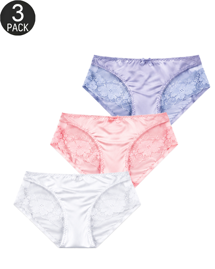 3-Pack Mixed-Color Satin-Look Briefs with Floral Lace Panels