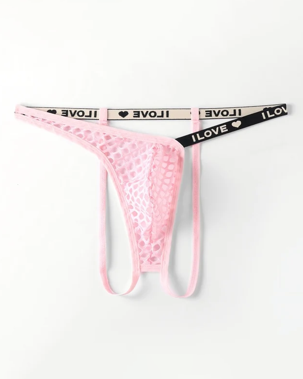 Men's Fishnet Thong with I LOVE Heart Print Waistband