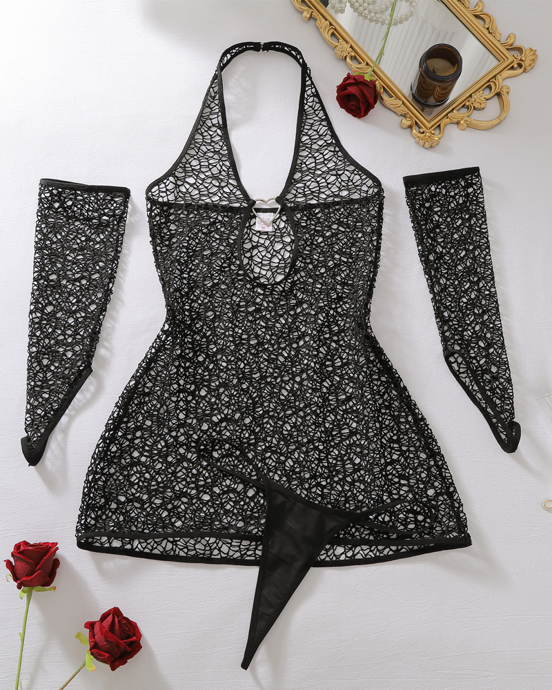 Heart Cutout Fishnet Mini Dress & Gloves Set