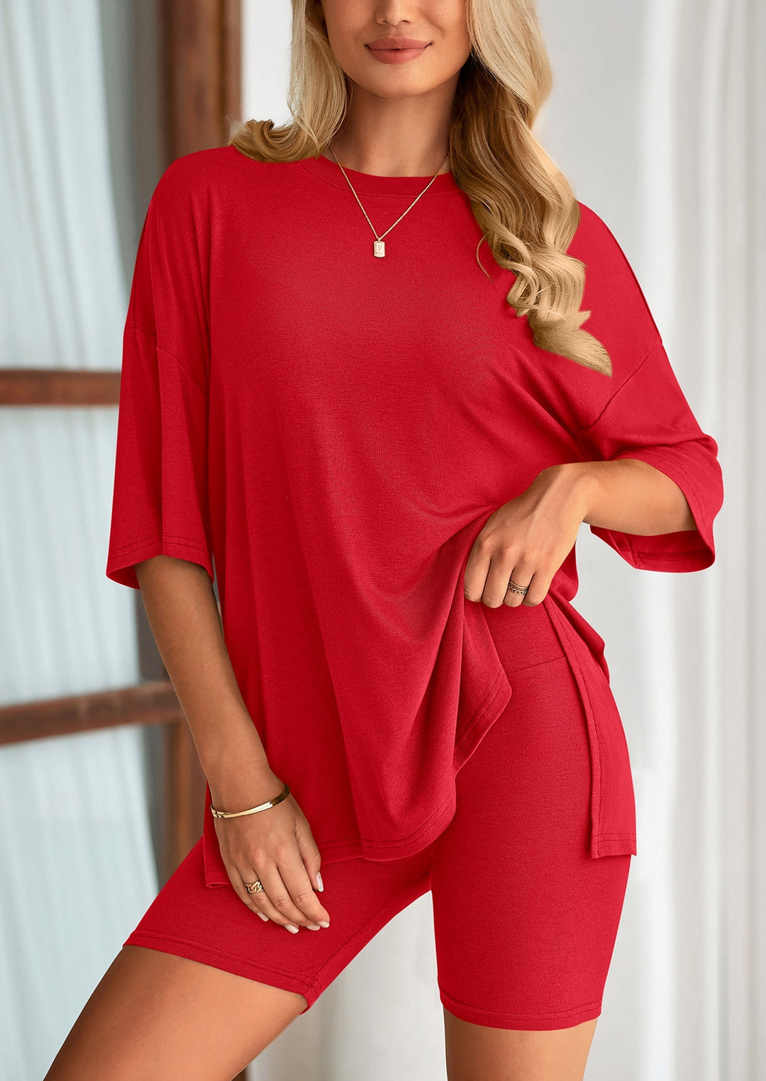 Women's Two-Piece Casual Sports Loose Shirt Cycling Shorts Suit