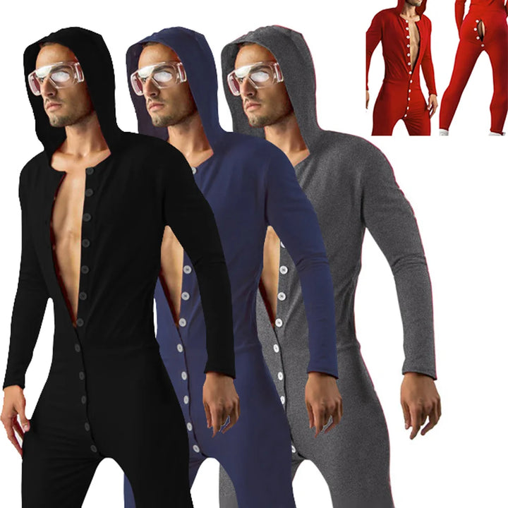 Men's Solid Cozy Button Down Sexy Skinny All-in-One Jumpsuit