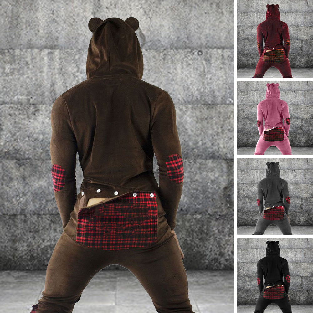 Men's Hooded Pajamas Button Flap Jumpsuit