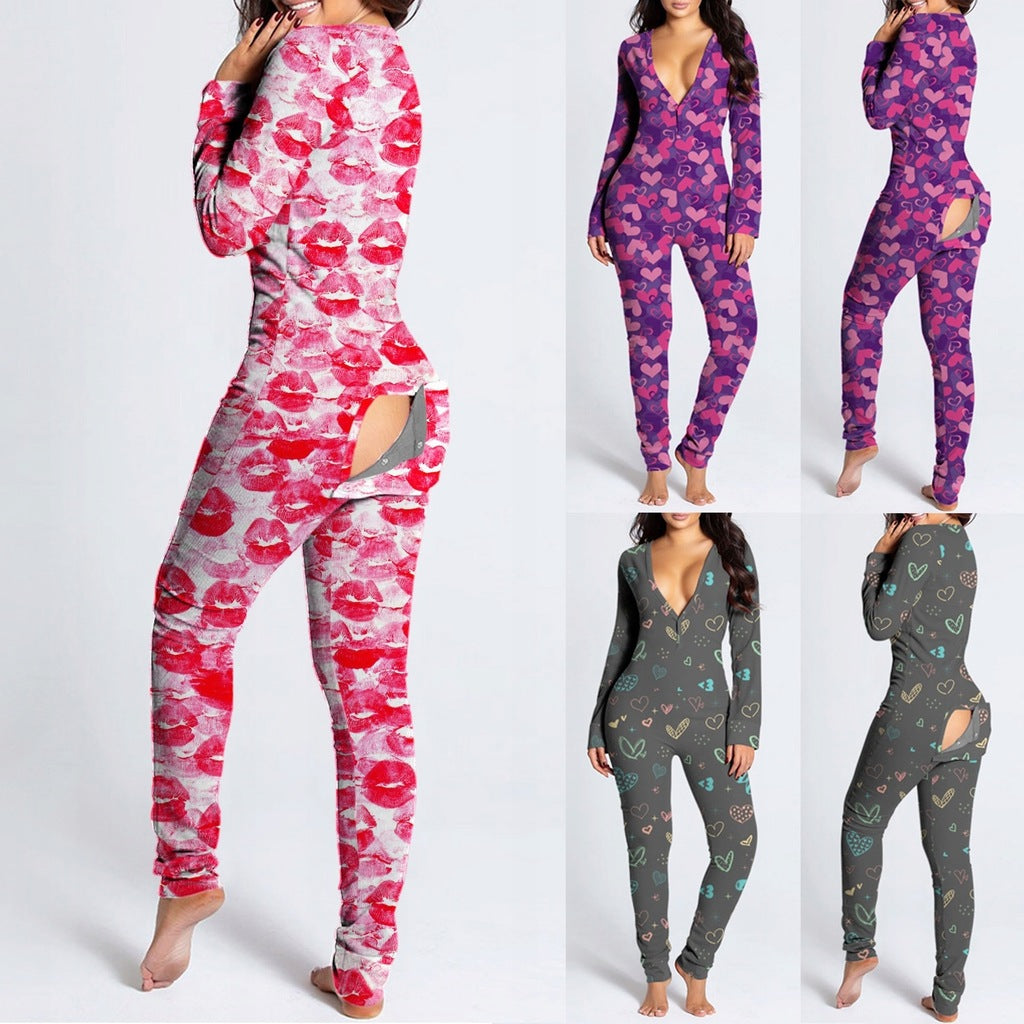 Women Sexy Heart Print V Neck Buttoned Flap Jumpsuit