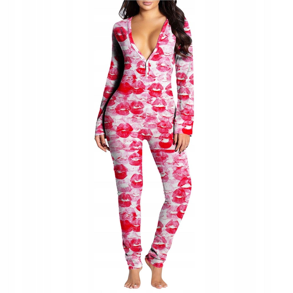 Women Sexy Heart Print V Neck Buttoned Flap Jumpsuit