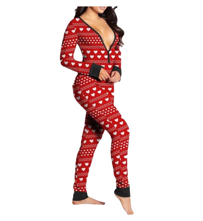 Women Sexy Heart Print V Neck Buttoned Flap Jumpsuit