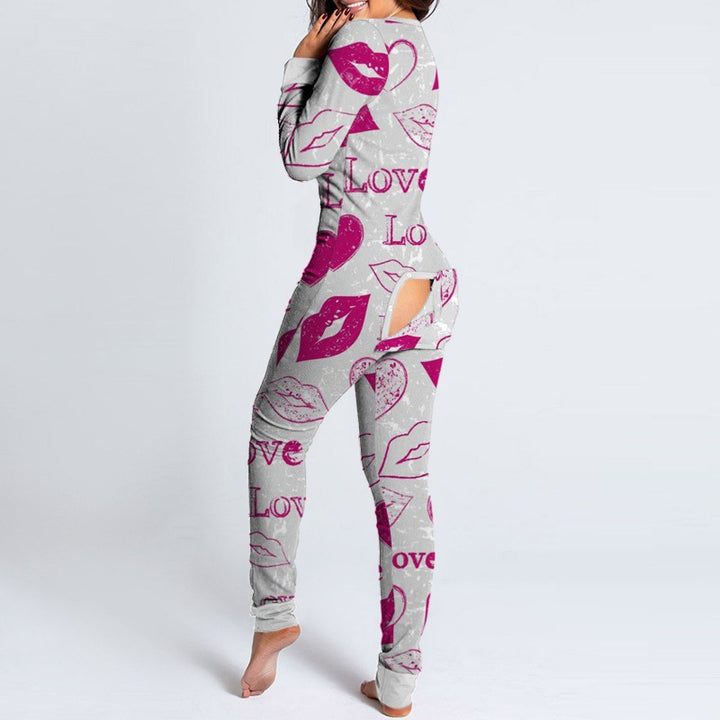 Women Sexy Heart Print V Neck Buttoned Flap Jumpsuit