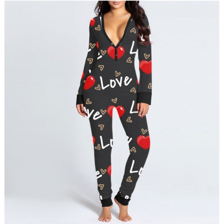 Women Sexy Heart Print V Neck Buttoned Flap Jumpsuit