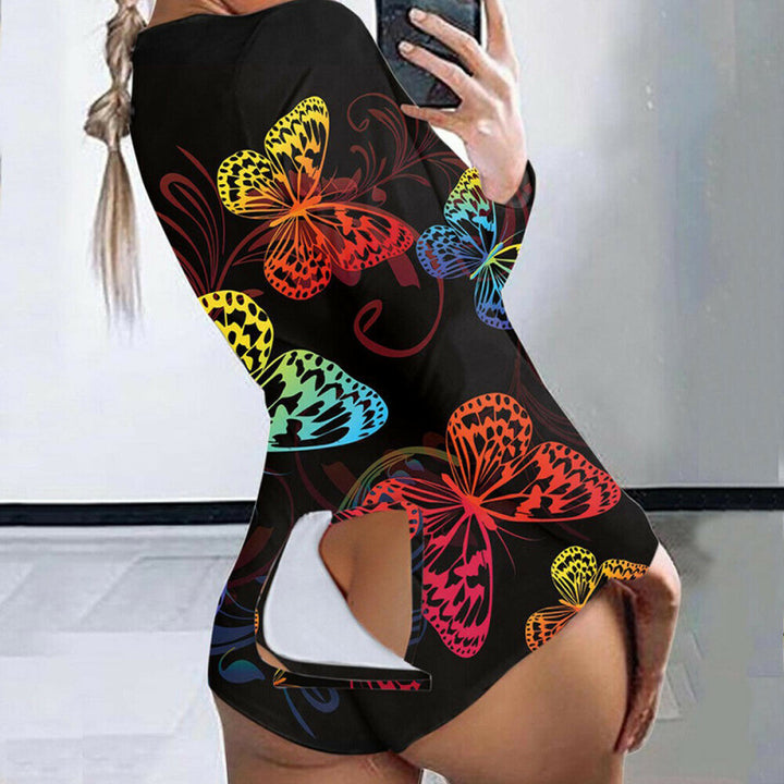 Sexy Women Jumpsuits Pajamas Ladies Back Butt Bum Open Button Flap Sexy Pyjamas
