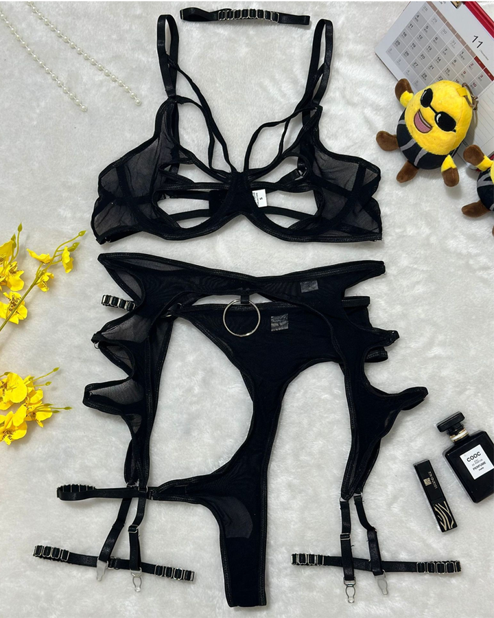 Sexy Metal O-Ring Cutout Sheer Mesh Lingerie Set