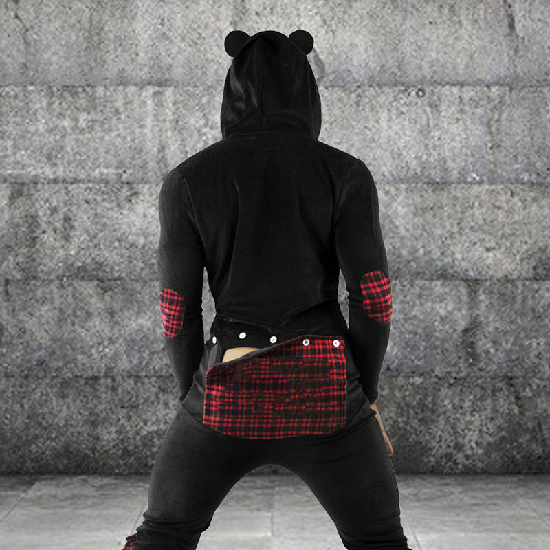 Men's Hooded Pajamas Button Flap Jumpsuit