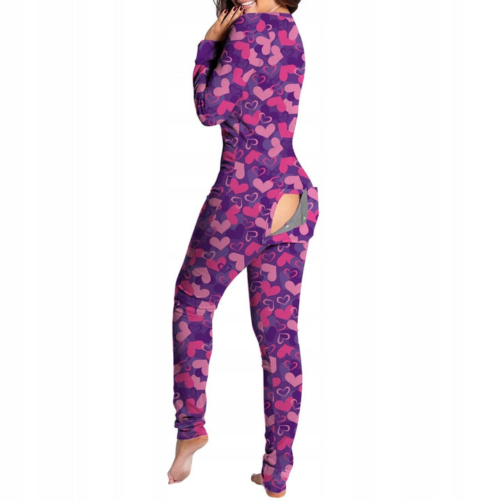 Women Sexy Heart Print V Neck Buttoned Flap Jumpsuit