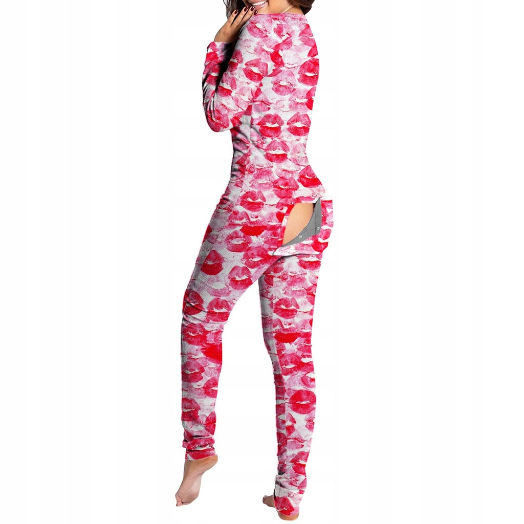 Women Sexy Heart Print V Neck Buttoned Flap Jumpsuit