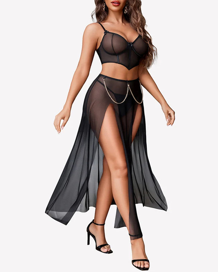Sheer Mesh Bustier Top & High Slit Maxi Skirt Lingerie Set