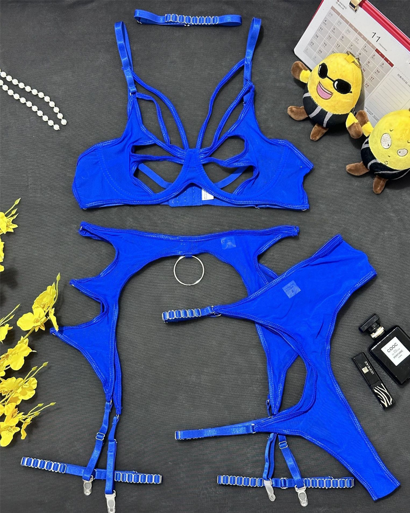 Sexy Metal O-Ring Cutout Sheer Mesh Lingerie Set