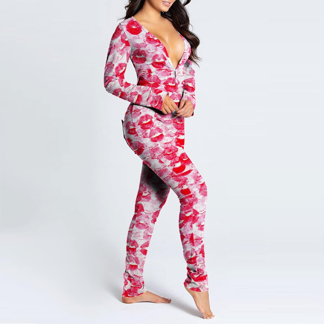 Women Sexy Heart Print V Neck Buttoned Flap Jumpsuit