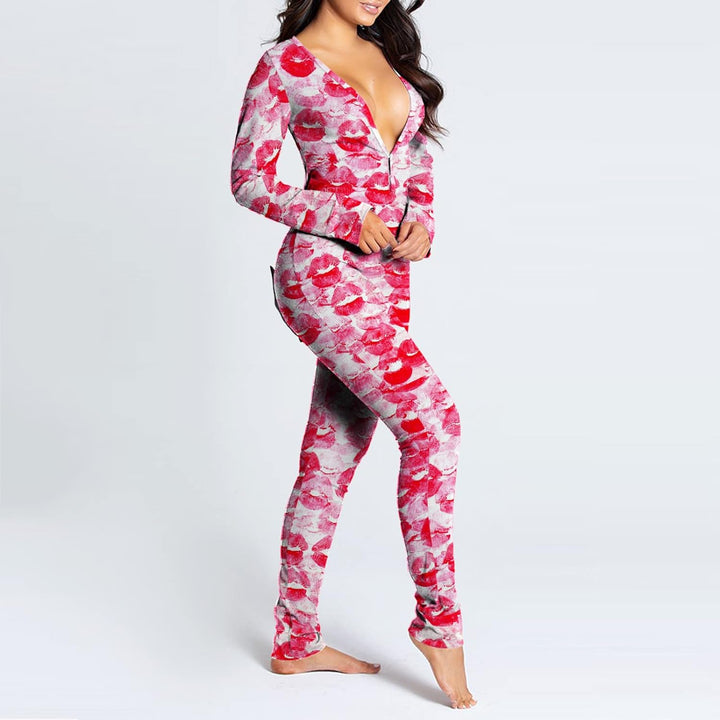 Women Sexy Heart Print V Neck Buttoned Flap Jumpsuit