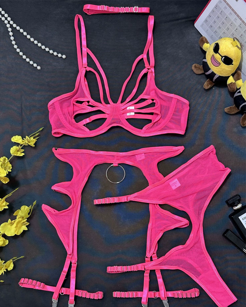 Sexy Metal O-Ring Cutout Sheer Mesh Lingerie Set