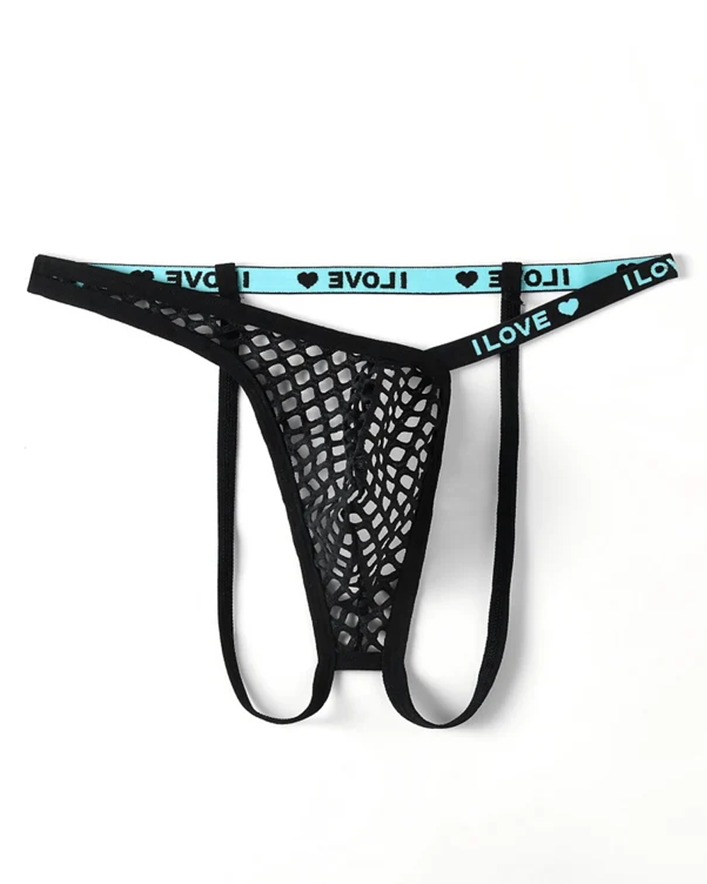 Men's Fishnet Thong with I LOVE Heart Print Waistband