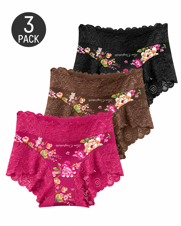 3-Pack High Waist Floral Print Lace Trim Panties