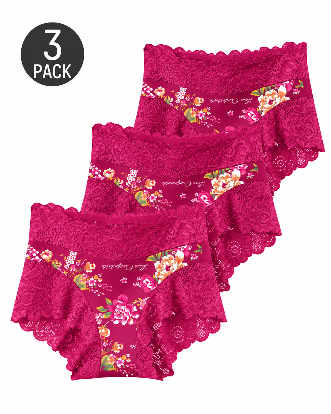 3-Pack High Waist Floral Print Lace Trim Panties