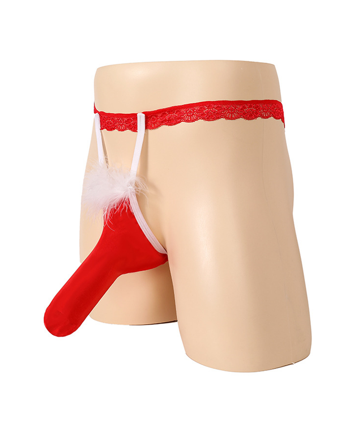 Men's Red Lace Waistband Thong with White Feather Trim