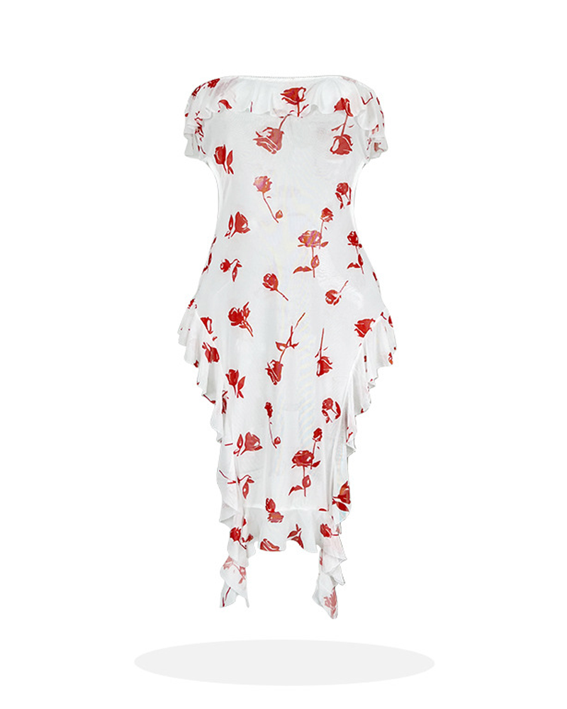 Sheer Rose Print Ruffle Cutout Lingerie Dress