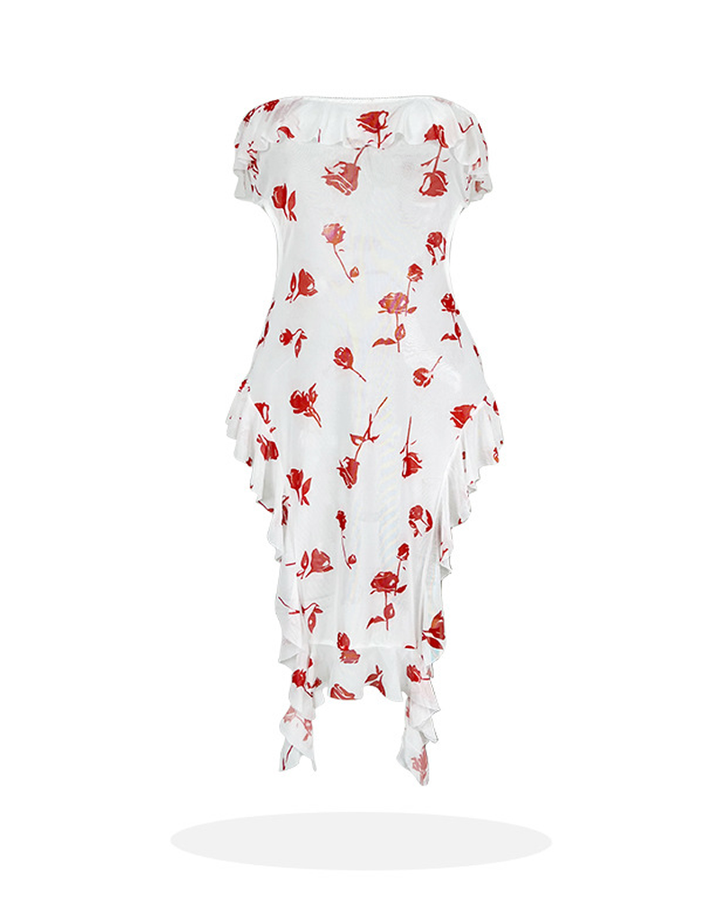 Sheer Rose Print Ruffle Cutout Lingerie Dress