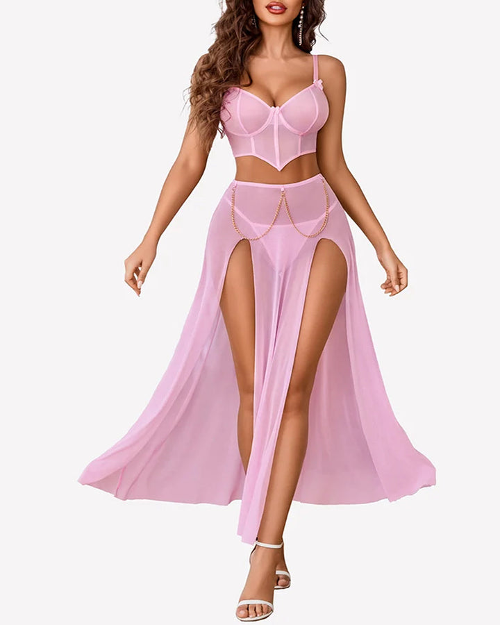 Sheer Mesh Bustier Top & High Slit Maxi Skirt Lingerie Set