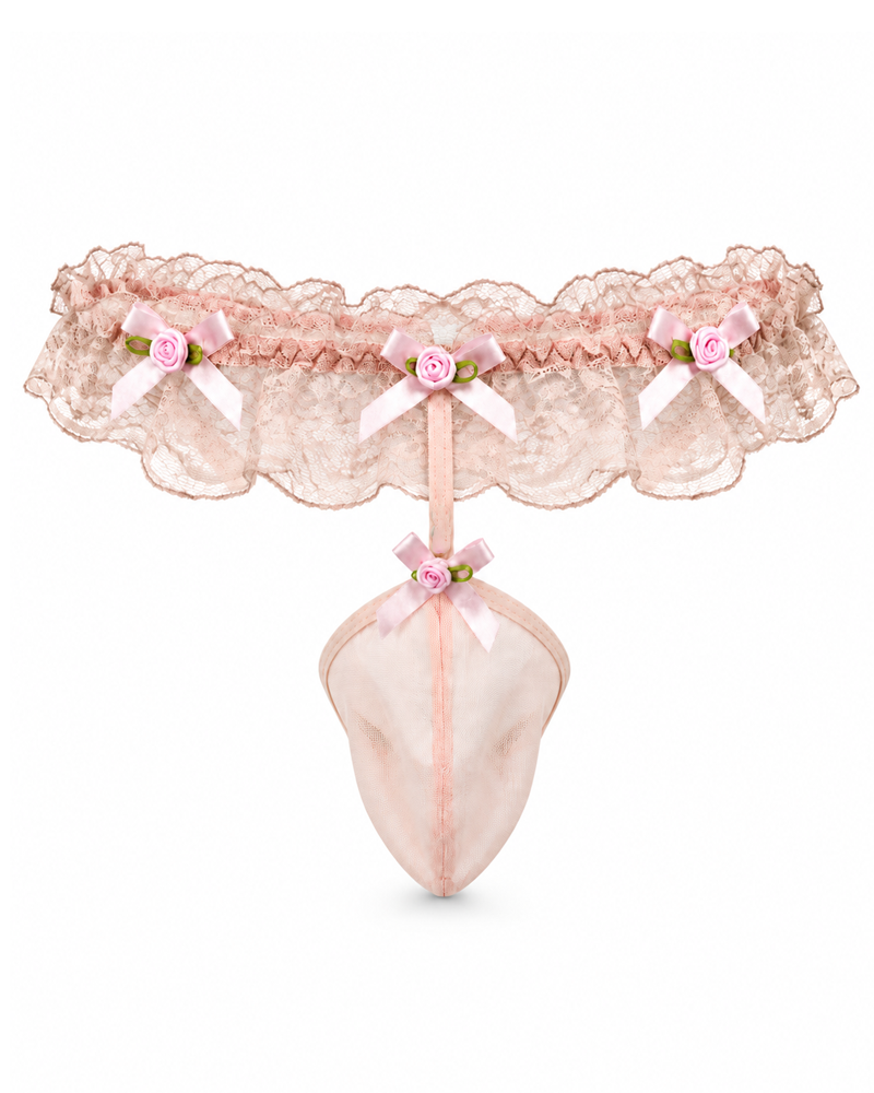 Men's Pink Lace Ruffle Novelty Thong with Bow & Pearl Details
