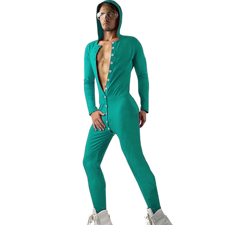 Men's Solid Cozy Button Down Sexy Skinny All-in-One Jumpsuit