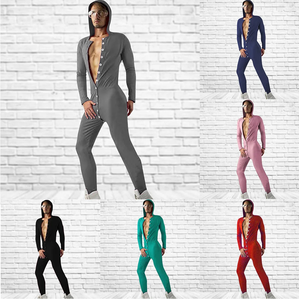 Men's Solid Cozy Button Down Sexy Skinny All-in-One Jumpsuit