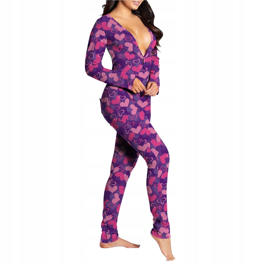 Women Sexy Heart Print V Neck Buttoned Flap Jumpsuit