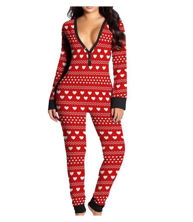 Women Sexy Heart Print V Neck Buttoned Flap Jumpsuit