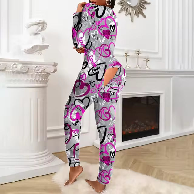 Women Sexy Heart Print V Neck Buttoned Flap Jumpsuit