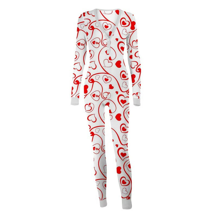 Women Sexy Heart Print V Neck Buttoned Flap Jumpsuit