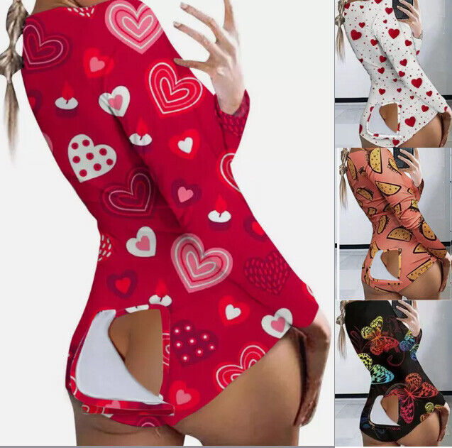 Sexy Women Jumpsuits Pajamas Ladies Back Butt Bum Open Button Flap Sexy Pyjamas