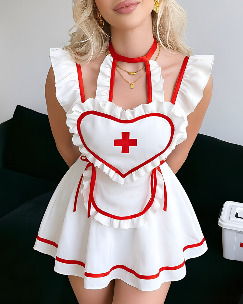 Nurse Costume Ruffle Mini Dress with Heart Apron