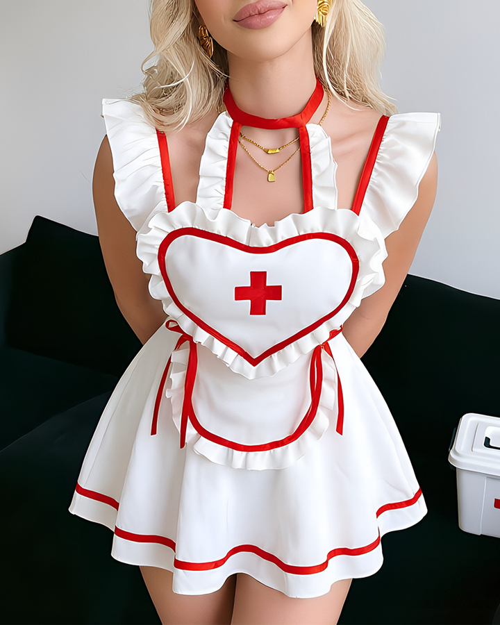 Nurse Costume Ruffle Mini Dress with Heart Apron