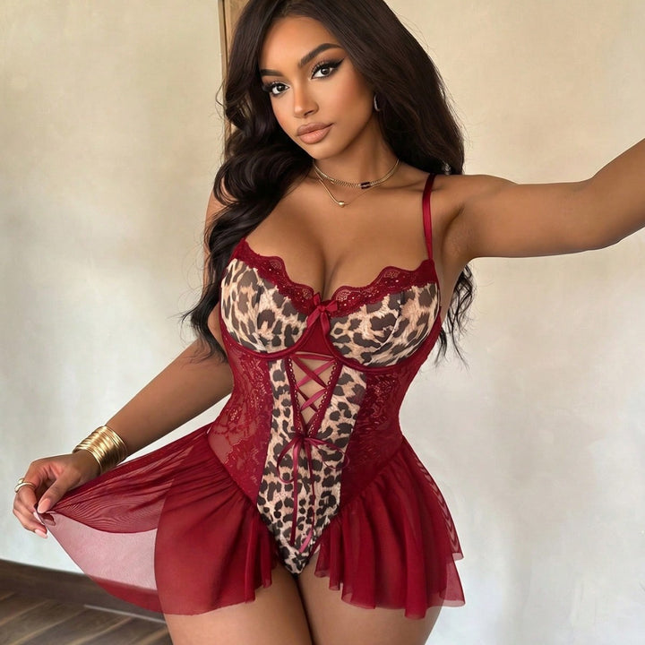 Plus Size Sexy Leopard Print Sheer Mesh Strappy Bodysuit