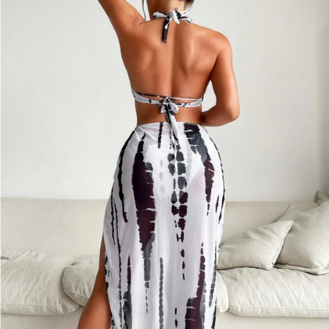 Sexy Contrast Print Ring Detail Bikini with Beach Maxi Skirt