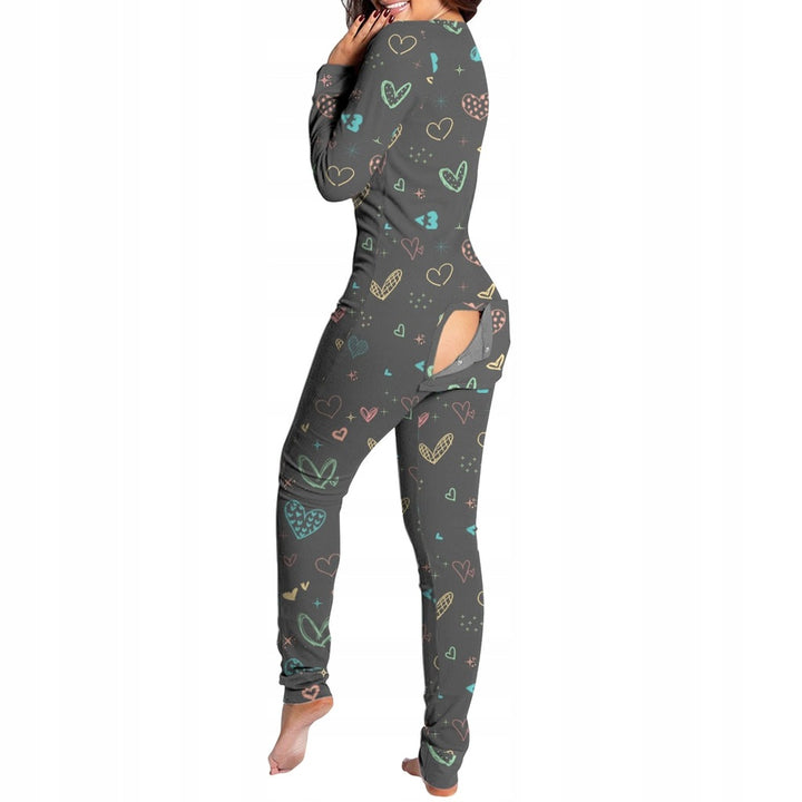 Women Sexy Heart Print V Neck Buttoned Flap Jumpsuit