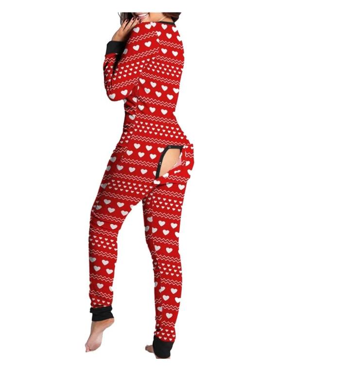 Women Sexy Heart Print V Neck Buttoned Flap Jumpsuit