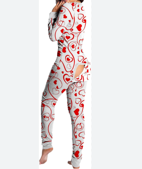 Women Sexy Heart Print V Neck Buttoned Flap Jumpsuit