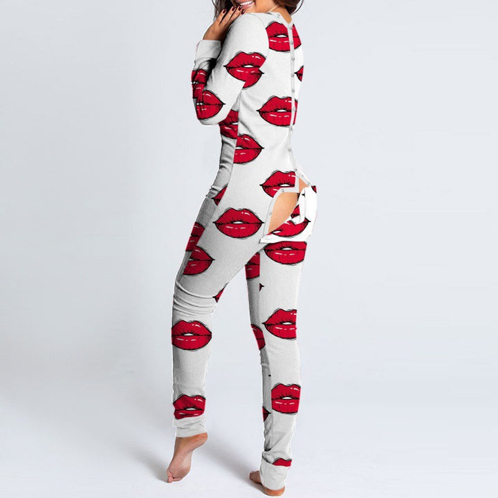 Women Sexy Heart Print V Neck Buttoned Flap Jumpsuit