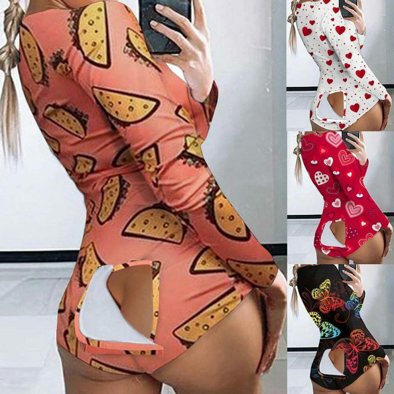 Sexy Women Jumpsuits Pajamas Ladies Back Butt Bum Open Button Flap Sexy Pyjamas