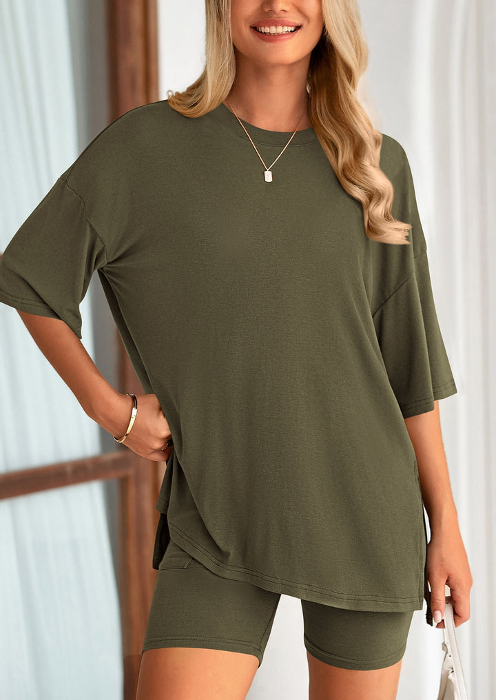 Women's Two-Piece Casual Sports Loose Shirt Cycling Shorts Suit