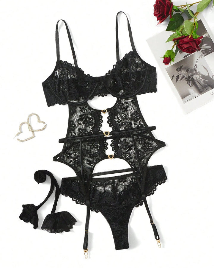 Women's Sexy Floral Lace Mesh Bodysuit with Garter Belt and Fishnet Stockings Set